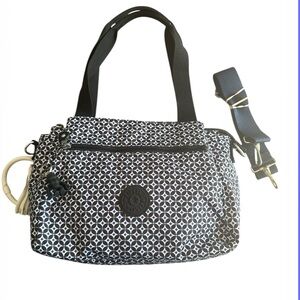 Kipling Black Multi Geo Print Shoulder or Crossbody Nylon Bag with Monkey Charm